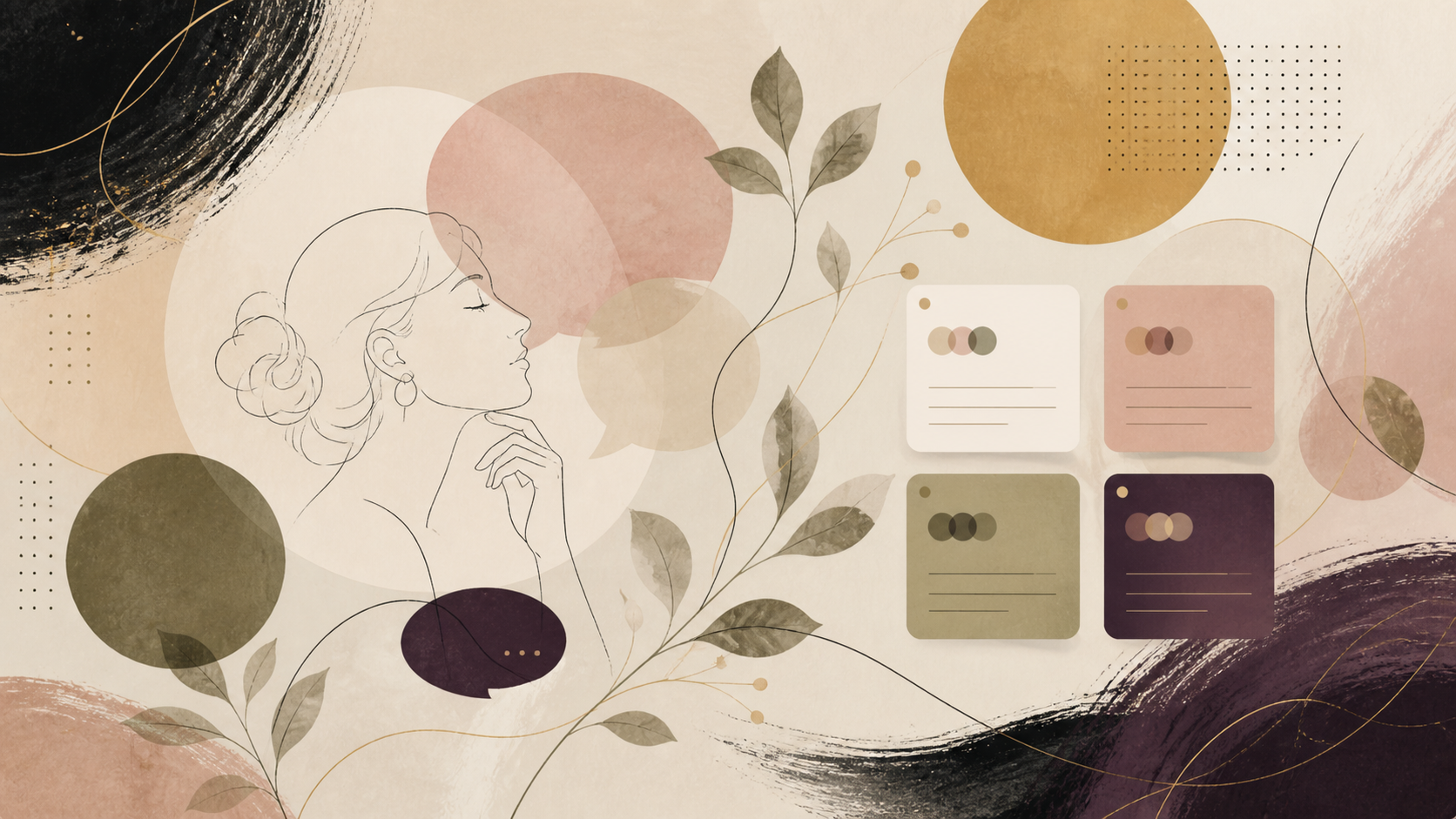 Abstract illustrated brand messaging framework with a thoughtful figure, message cards, and botanical accents
