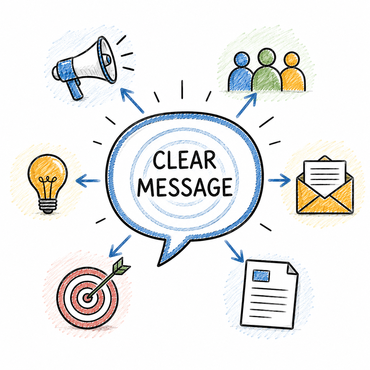 Illustration of a clear marketing message connecting audience, offer, content, and campaign assets.