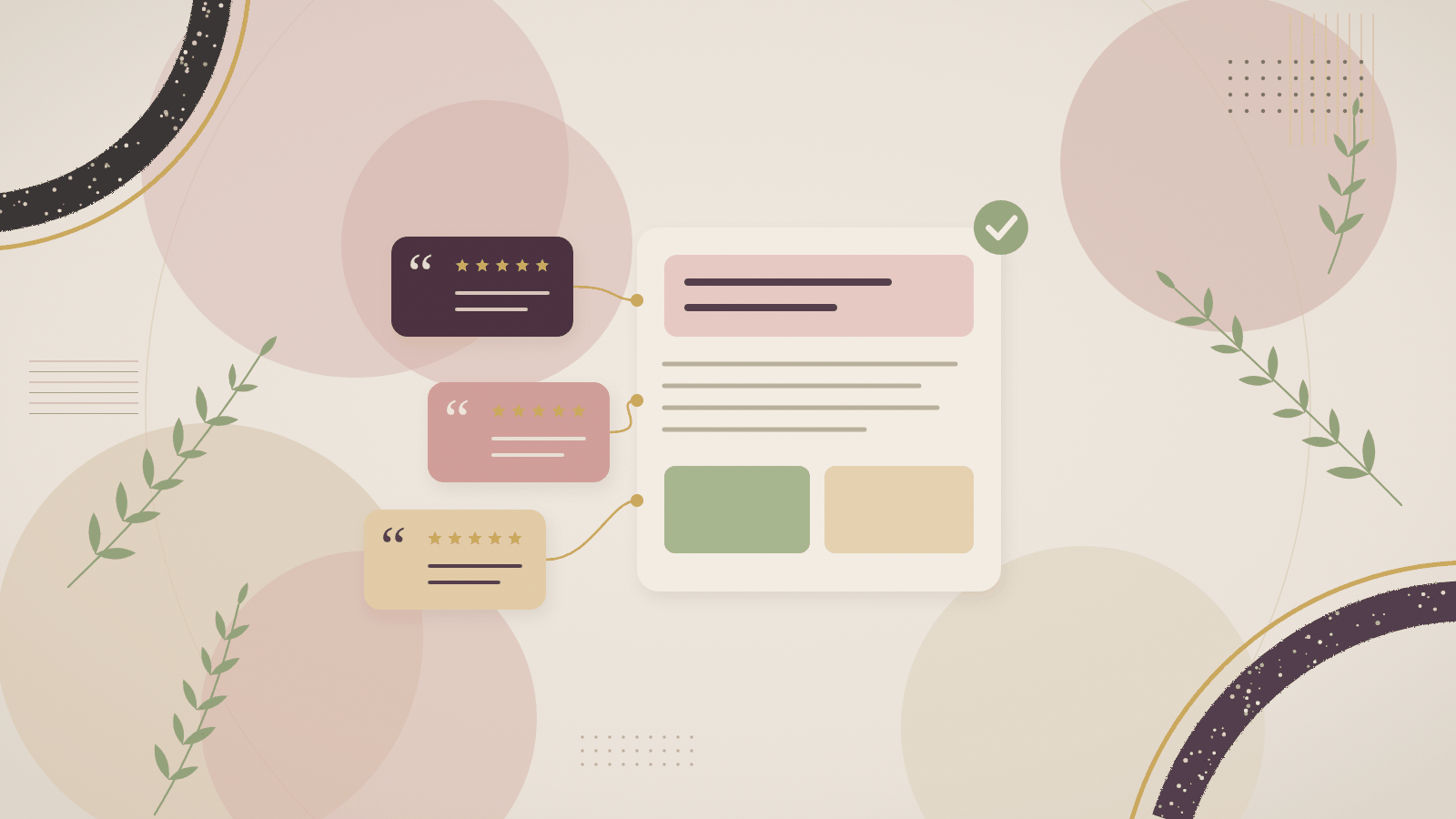 Abstract illustration of quote cards with stars connected to a website page