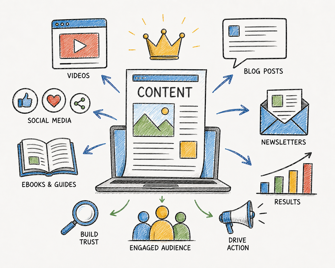 Illustration of content marketing assets including blog posts, newsletters, guides, videos, and measurable results.