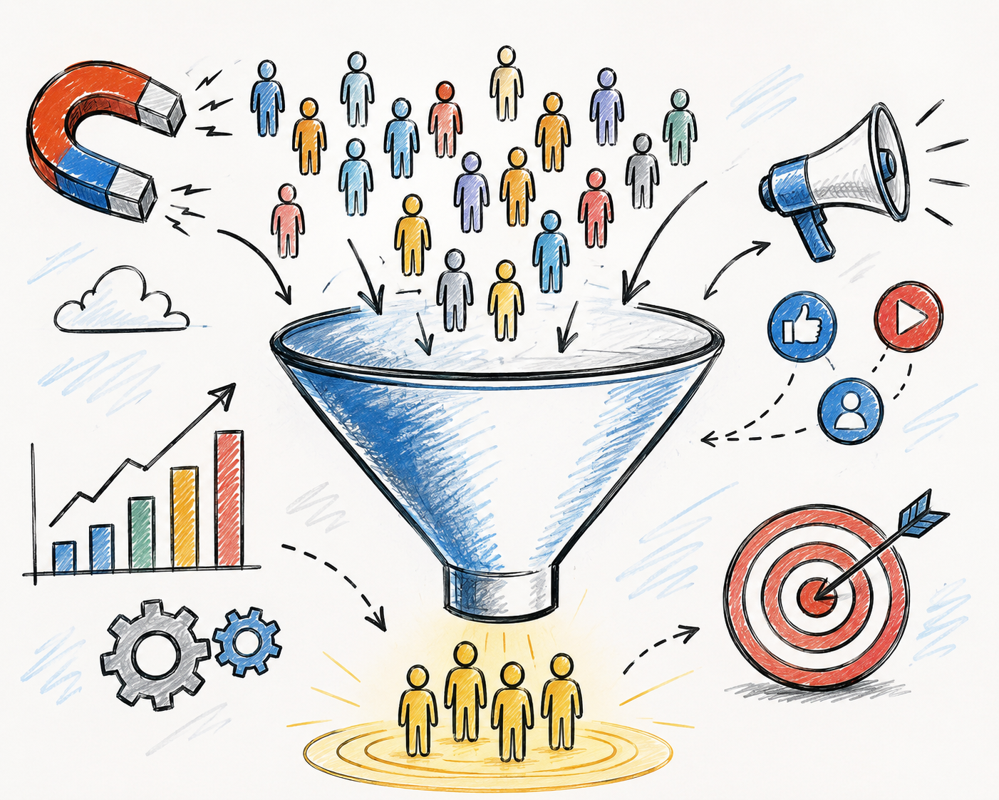 Illustration of a demand generation funnel turning traffic and attention into qualified leads.