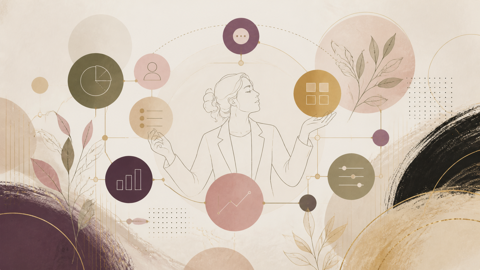 Abstract illustrated marketing professional coordinating connected fractional workstreams