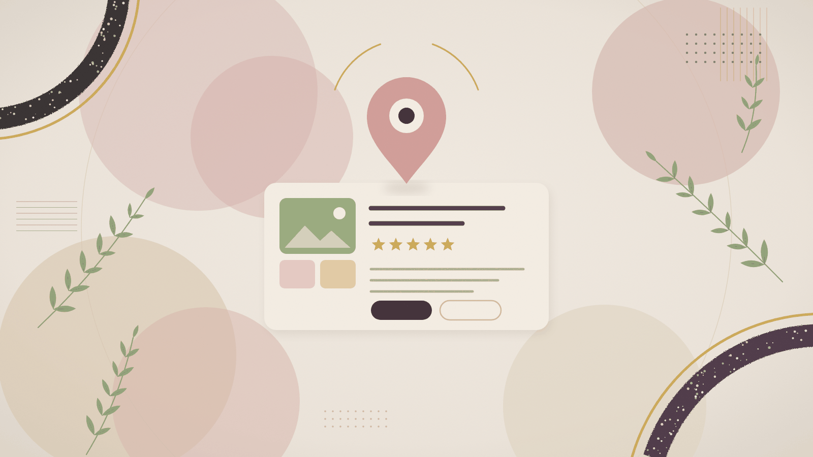 Abstract illustration of a map pin above a business listing card with stars and photos