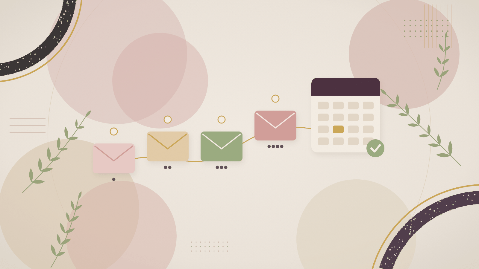 Abstract illustration of four envelopes moving along a path toward a calendar