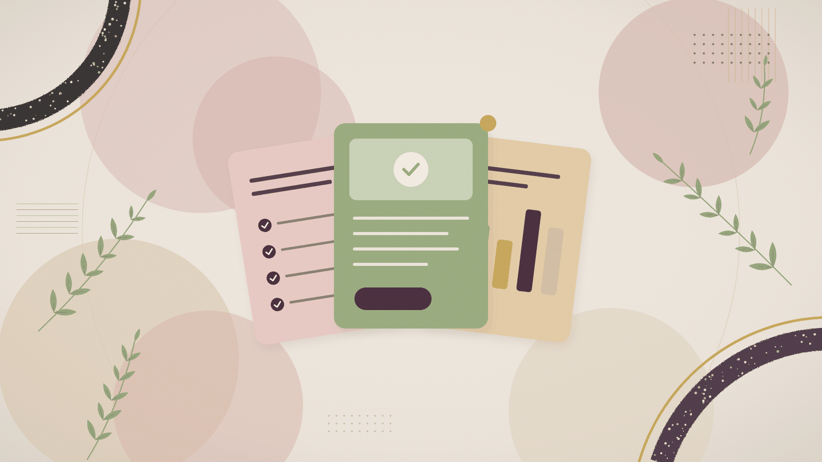 Abstract illustration of a checklist, a scorecard, and a template card arranged like a welcome packet