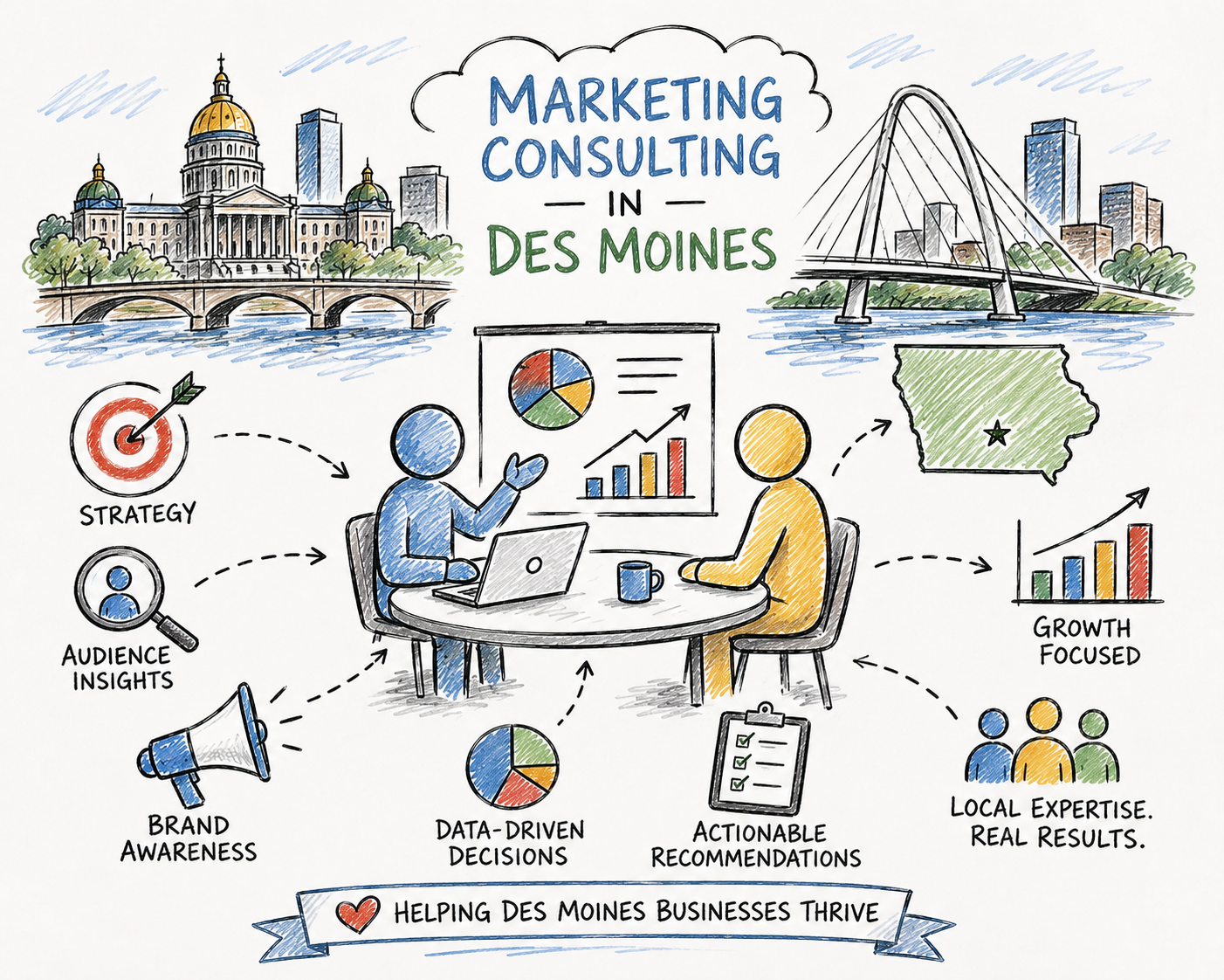 Illustration of marketing consulting in Des Moines with local strategy, audience insights, and growth recommendations.