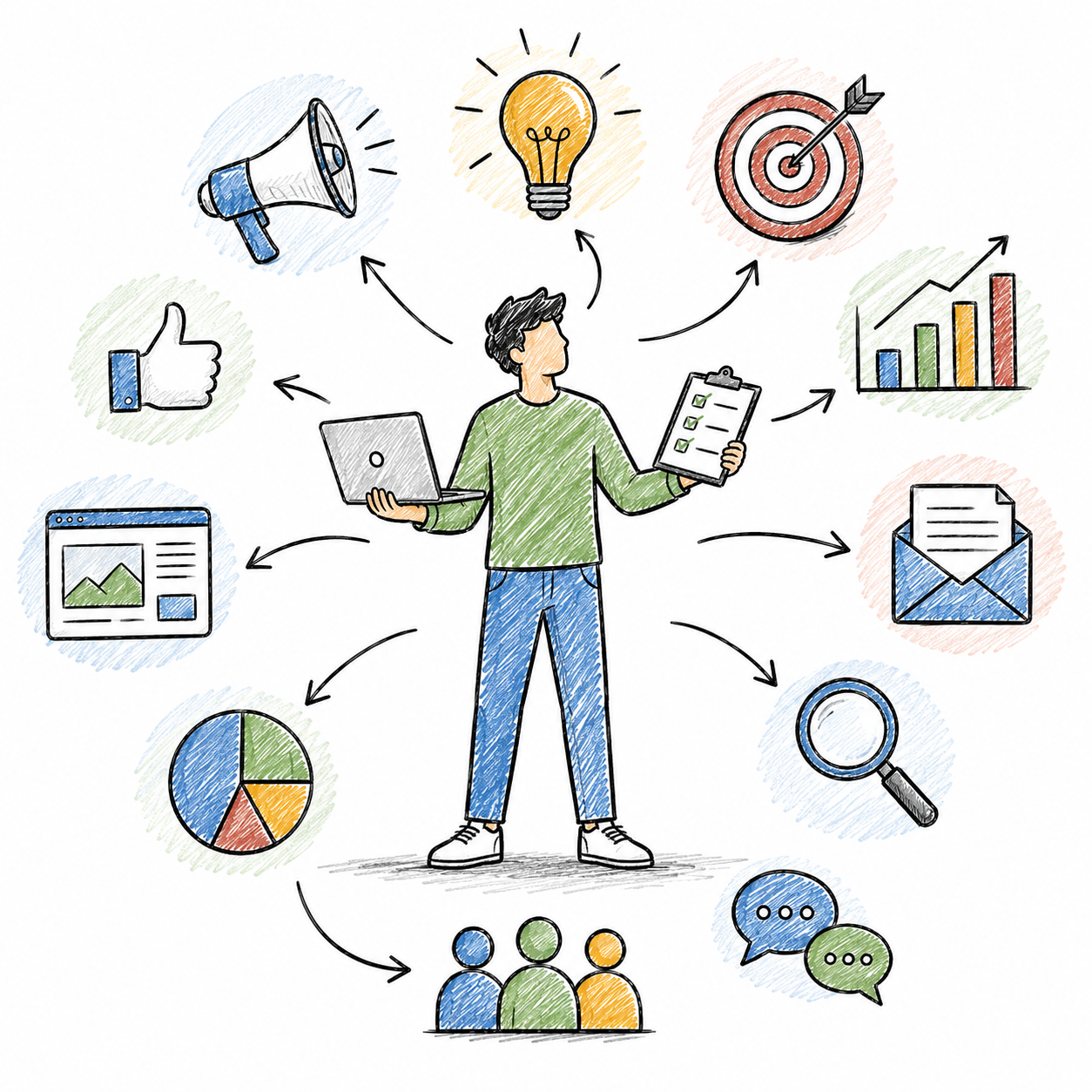 Illustration of a marketing generalist coordinating content, campaigns, research, communication, and growth tasks.