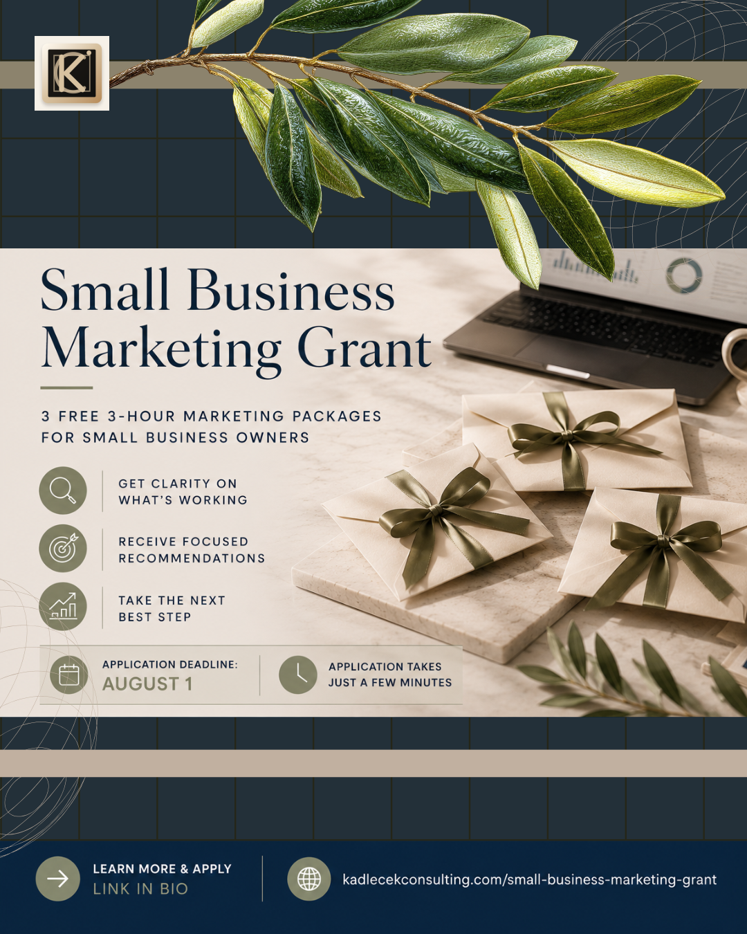 Small Business Marketing Grant campaign graphic with application deadline and benefits.