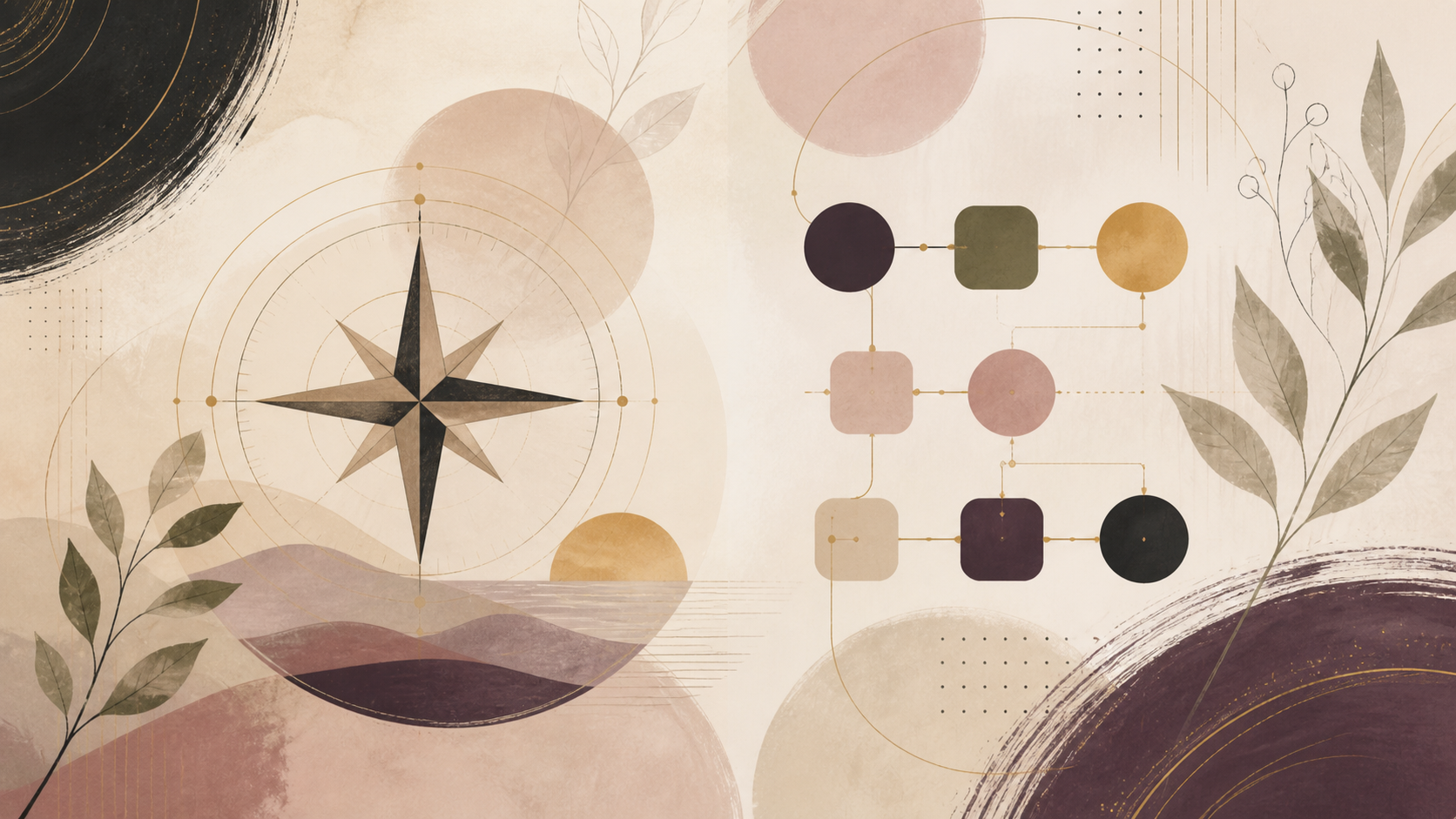 Abstract illustrated comparison of a strategy compass and an organized marketing plan