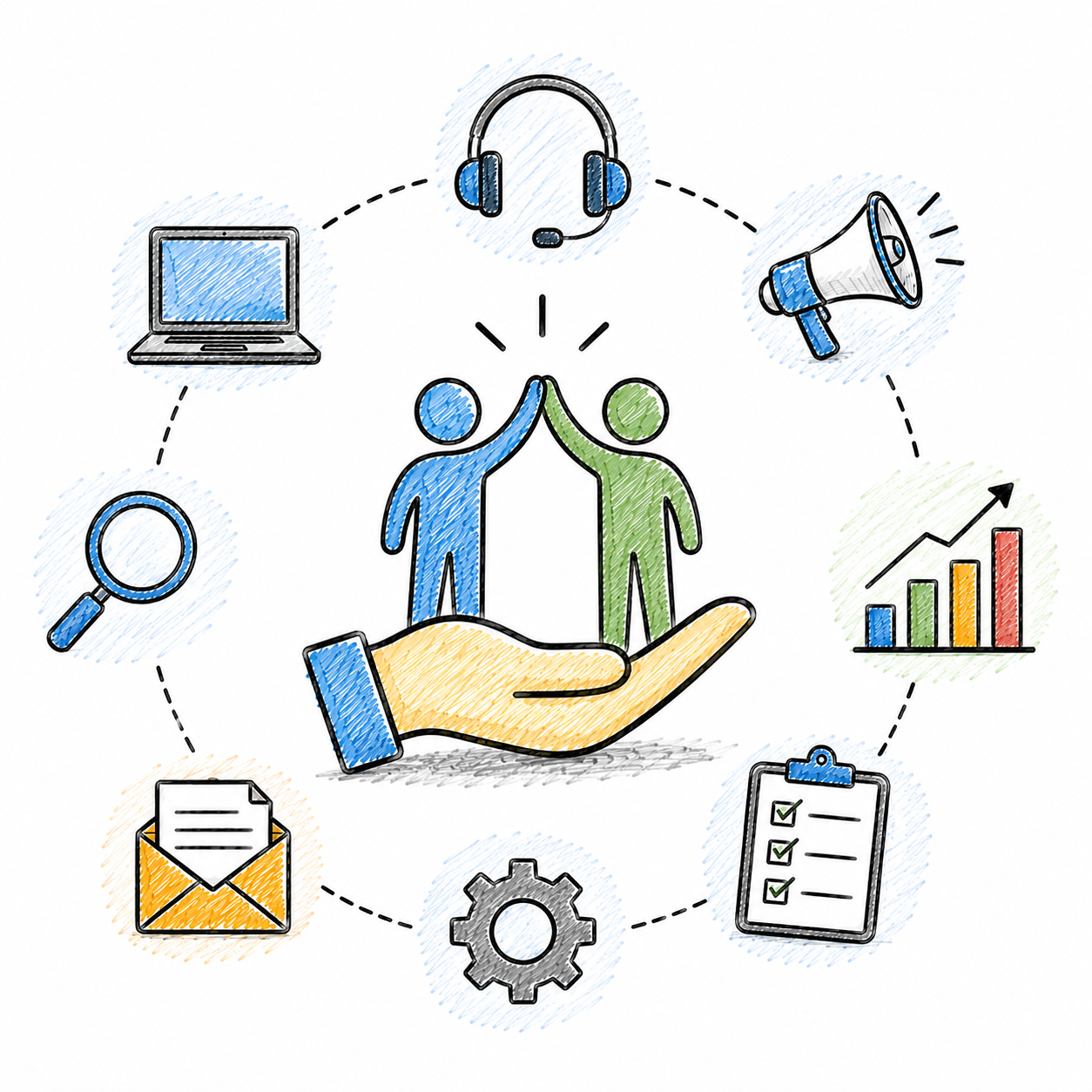 Illustration of marketing support connecting communication, systems, research, content, and growth before hiring.