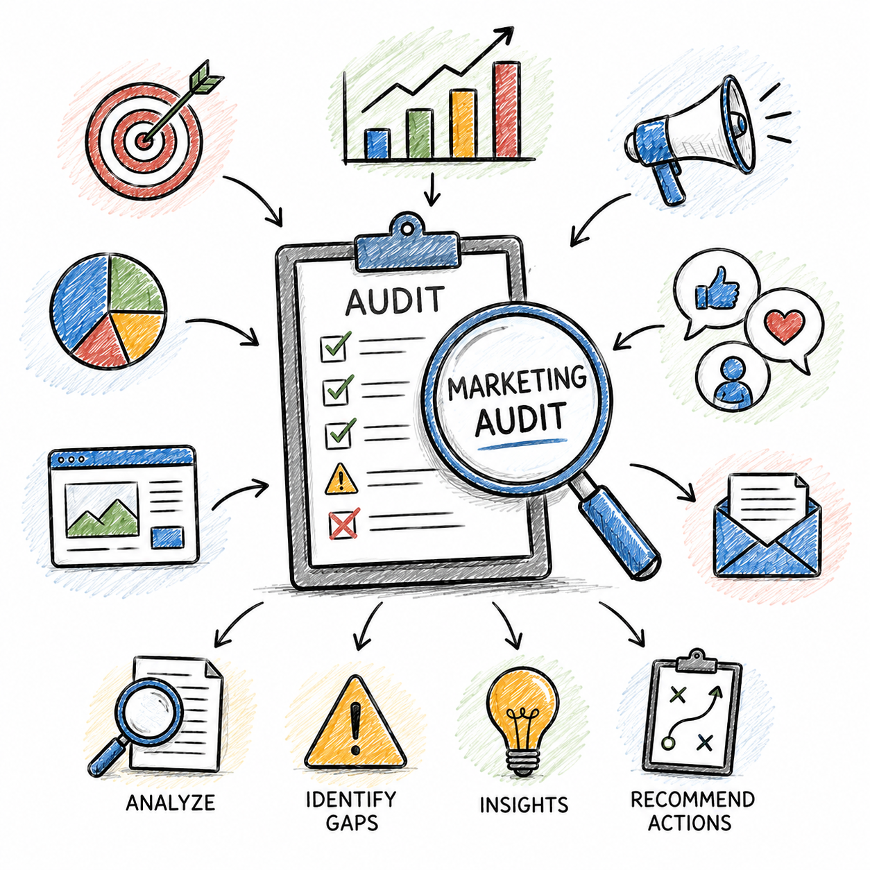 Illustration of a marketing audit checklist used to analyze gaps, insights, and recommended actions.