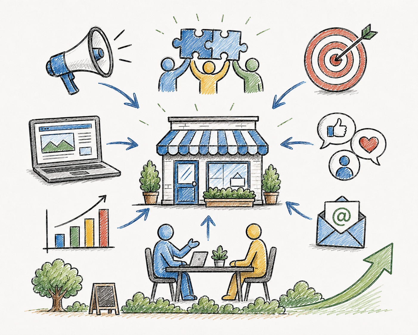 Illustration of small business marketing help connecting website, goals, email, local growth, and customer conversations.