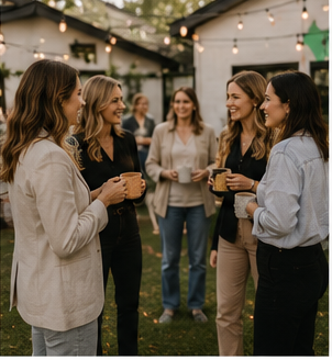 Women gathering with coffee at an outdoor bouquet bar