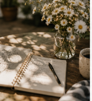 Coffee, flowers, and a notebook on a warm outdoor table