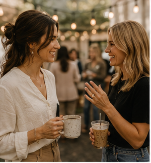 Two entrepreneurs talking over coffee at an outdoor event