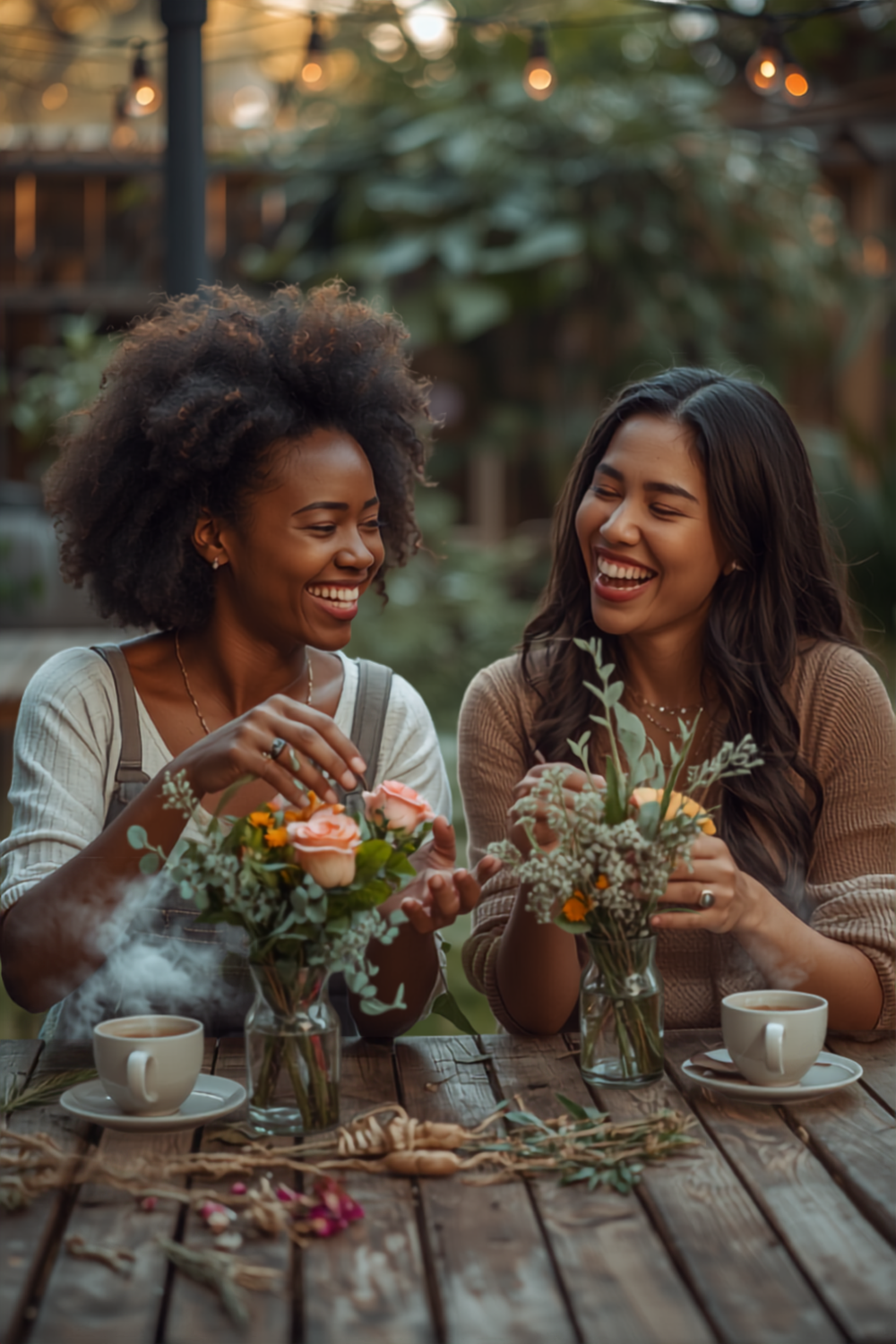Two women laughing together while arranging flowers at an outdoor gathering