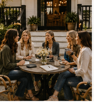 Nashville entrepreneurs seated around an outdoor patio table