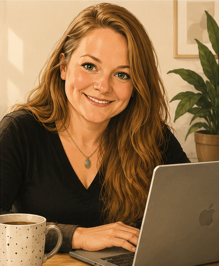 Illustration of Cadi Kadlecek working on marketing strategy at a laptop.
