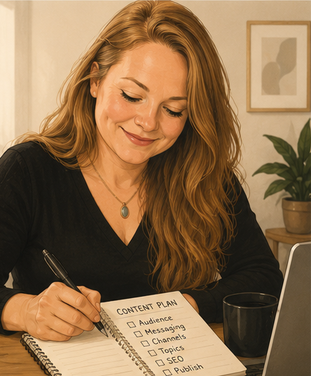 Illustration of Cadi Kadlecek writing a content plan.