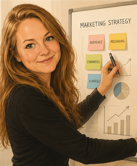 Illustration of Cadi Kadlecek presenting marketing strategy on a board.