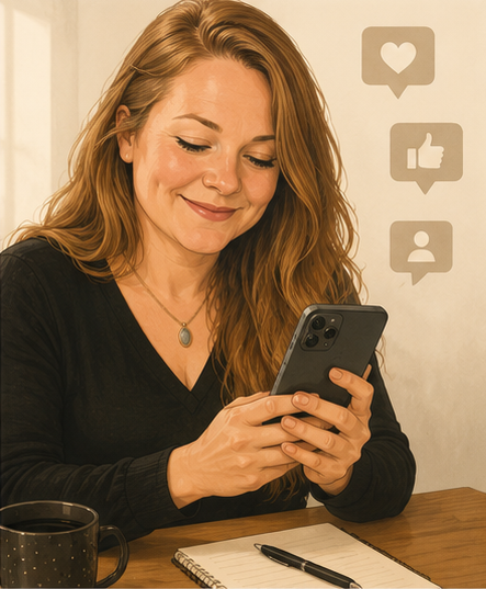 Illustration of Cadi Kadlecek reviewing social and audience engagement.