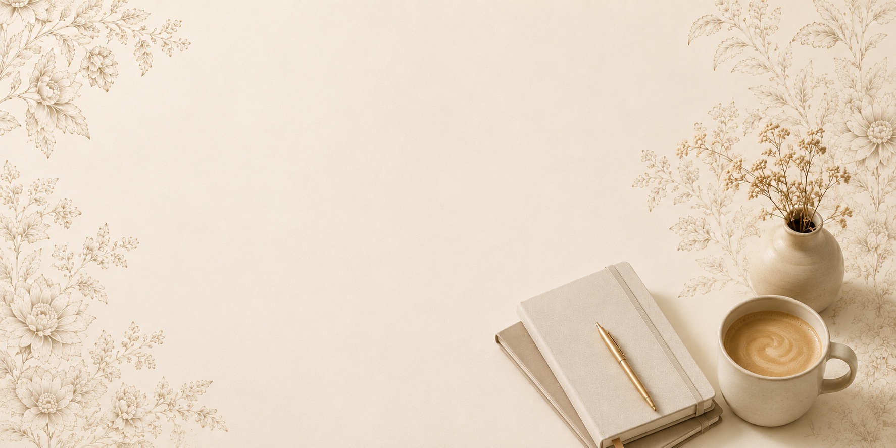 Coffee, notebooks, and botanical details arranged for a strategic marketing planning session